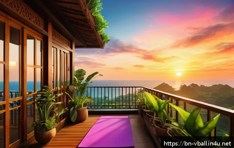 배구 관련 취미 생활 - A serene urban balcony scene at sunset inspired by Bali&rsquo;s vibrant colors, featuring a person in comf...