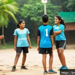 Home 22 배구의 인기 상승 이유 - A vibrant outdoor volleyball scene in a local park in Bangladesh, featuring a diverse group of young...