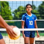 Home 21 배구 경기에서 실수를 피하는 법 - A focused young Bengali volleyball player in mid-action on an outdoor court, wearing proper sportswe...
