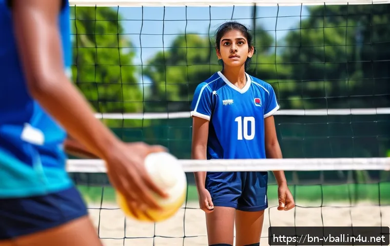 배구 경기에서 실수를 피하는 법 - A focused young Bengali volleyball player in mid-action on an outdoor court, wearing proper sportswe...