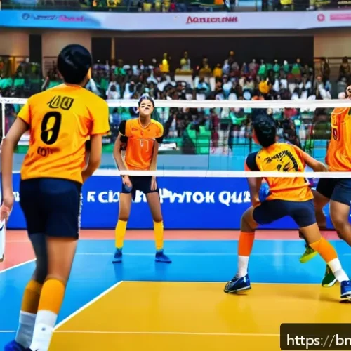 Home 32 배구 경기 관람 후 의견 나누기 - A dynamic volleyball match scene featuring a Bengali team in coordinated action on the court. Player...