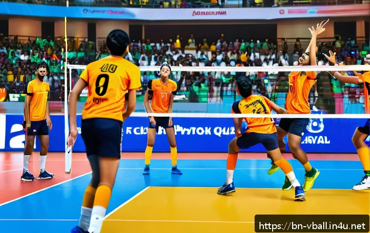 배구 경기 관람 후 의견 나누기 - A dynamic volleyball match scene featuring a Bengali team in coordinated action on the court. Player...