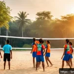 Home 19 배구 관련 영화 - A vibrant scene of a Bengali volleyball team in action on a sandy court during sunset, featuring you...