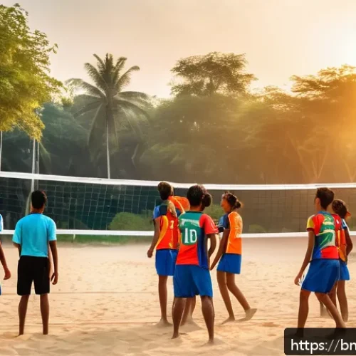 Home 31 배구 관련 영화 - A vibrant scene of a Bengali volleyball team in action on a sandy court during sunset, featuring you...