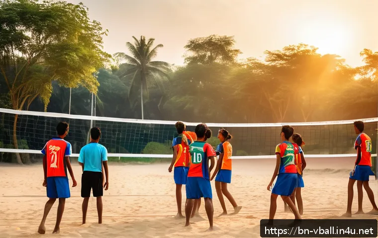 배구 관련 영화 - A vibrant scene of a Bengali volleyball team in action on a sandy court during sunset, featuring you...