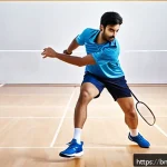 Home 23 배구 관련 교육 과정 - A dynamic indoor badminton court scene featuring a Bengali male player in mid-action, wearing sports...