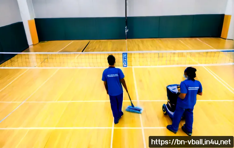 Home 17 배구 코트 청소 방법 - Photorealistic indoor volleyball court cleaning scene, wide-angle view of a spotless wooden court wi...
