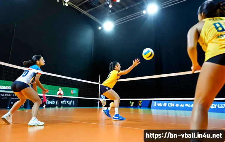 배구 경기에서 유리한 작전 - Photorealistic indoor volleyball match, a focused setter near the net making a quick strategic set t...
