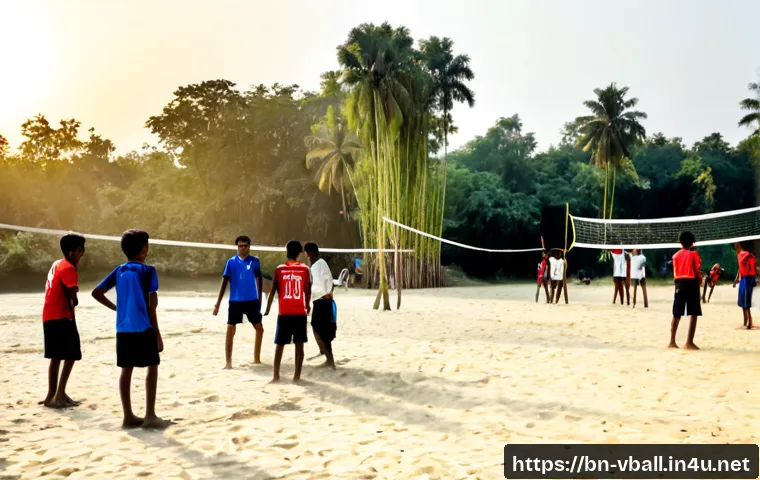 Home 17 배구의 문화적 의미 - Photorealistic community volleyball match on a sandy riverside court in rural Bangladesh, diverse Be...