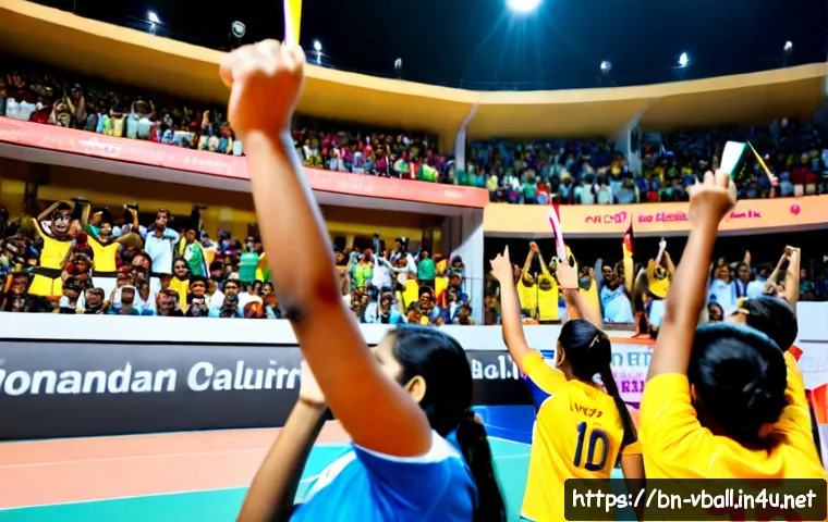 배구 경기 응원 도구 - Photorealistic indoor volleyball arena crowd scene, enthusiastic Bengali families holding colorful i...