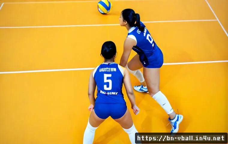 배구 경기에서의 주요 포지션 - Photorealistic indoor volleyball match in a bright modern sports arena, clear wide-angle view of six...