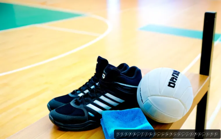 배구 초보용 스타터 패키지 - Photorealistic volleyball beginner starter kit arranged neatly on a light wooden gym bench: clean vo...